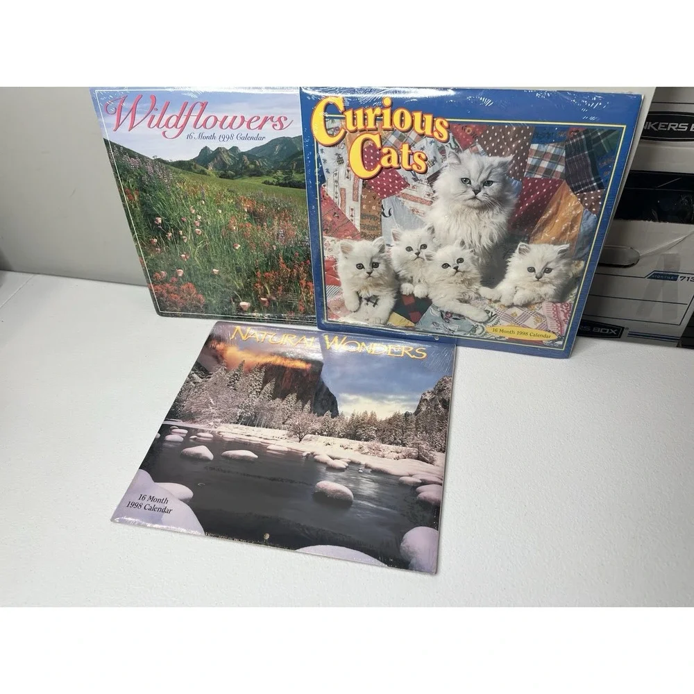 Lot Of 3 Vtg Wall Calendar 1998 Curious Cats Wildflowers Natural Wonders‎